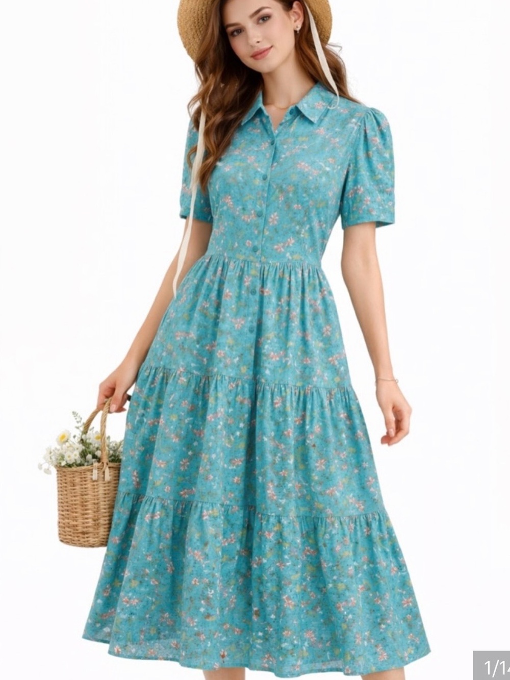 Turquoise Floral Collared Tiered Button Front Midi ShirtDress Pockets Linen Sz S